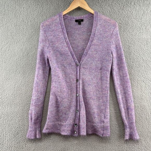 J.Crew Purple Kid Mohair Blend V-Neck Button Front Fuzzy Cardigan Sweater Small - Picture 1 of 8